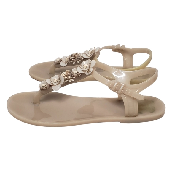 Chanel Camelia Rubber Flat Slingback Sandals SZ 36 Beige - Picture 2 of 16